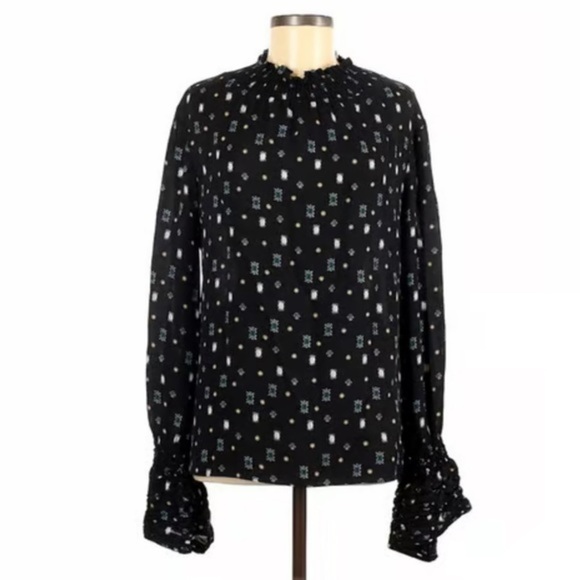 Kobi Halperin- Black Longsleeve Silk Top with Mirror and Polka Print and Lace - Picture 1 of 5